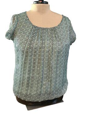 Roz & Ali Geometric Peasant Blouse Woman's Size 1X Sleeve Ties Bubble Hem